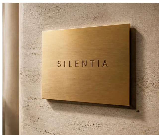 The Silentia plaque in brushed metal on a travertine wall
